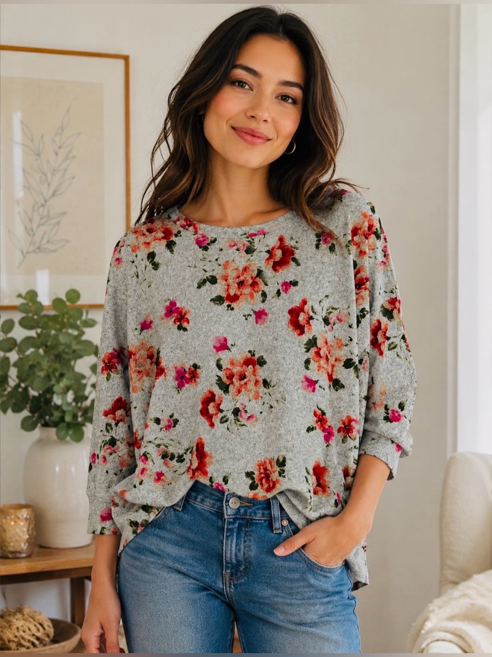 Dear Scarlett Grey Multi Floral 3/4 Sleeve High Low Shirt Relaxed Fit Top NWT